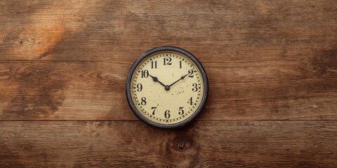 Analog clock with wooden face used as a background for text layout, suitable for UI design, Earth Day