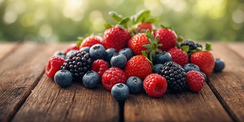 Juicy berries spread on rustic wood, ideal for a health-focused food layout, World Food Day