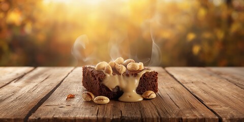 Chocolate brownie topped with white chocolate and macadamia nuts, used as a dessert presentation, National Dessert Day