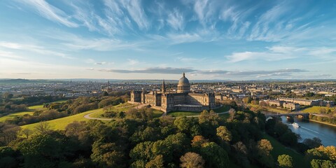 Scottish parliament building with drone perspective, urban architecture government infrastructure, Earth Day
