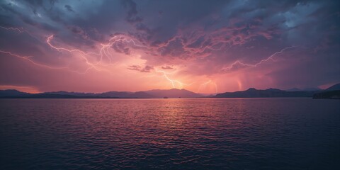 Evening thunderstorm illuminating Pyramid Lake with lightning, highlighting atmospheric conditions in desert regions