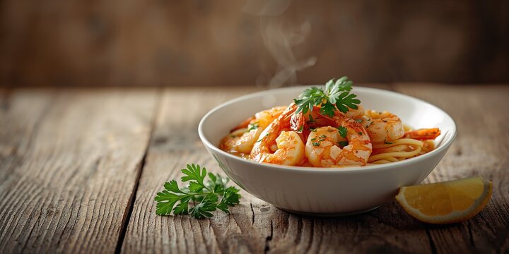 Shrimp scampi topped with parsley in a dish seafood preparation for a main course, World Seafood Day