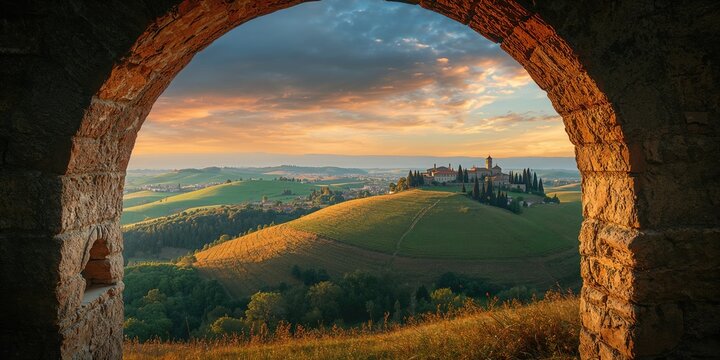 Arch viewpoint overlooking rolling hills in Tuscany highlighting regional erosion risk, Earth Day