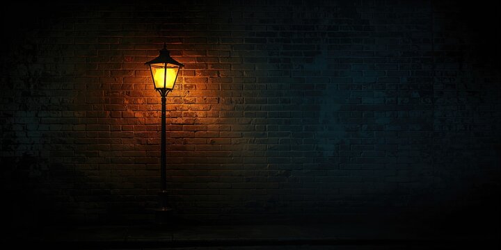 Night scene with lamp post casting light on textured brick wall, ideal for UI backdrop or ambient setting - Powered by Adobe