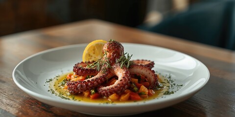 Seafood dish featuring an octopus on a plate, highlighting preparation details
