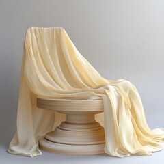 An elegant white silk wedding curtain decorated with a gold ribbon bow hangs on a mannequin to showcase luxury fashion fabric and bridal gown textile design for a beauty boutique