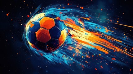 Fototapeta premium A vibrant soccer ball hurtles through space, leaving trails of blue and orange energy in its wake