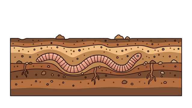 Crosssection of soil with an earthworm and roots