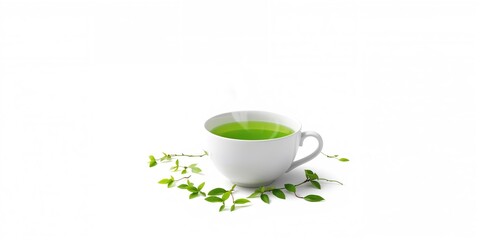 Green tea beverage in a cup on a white backdrop, suitable for a health article background