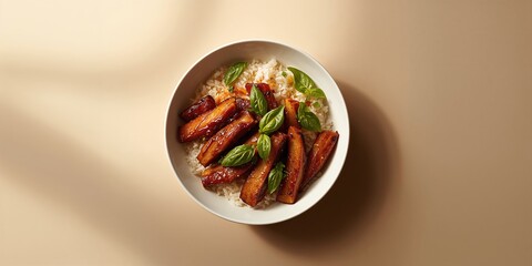 Hickory smoked pork belly atop rice with sauce, food presentation and preparation