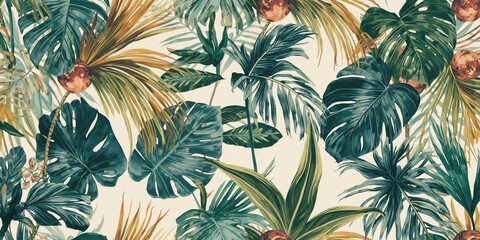 Allover botanical print featuring hand-drawn exotic plants including palms, monstera, and passion fruit for swimwear, ideal for seasonal fashion