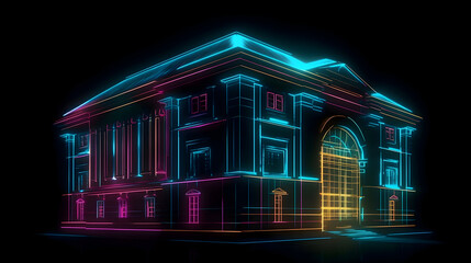 Vibrant Neon Outline of Neoclassical Building: Glowing Cyan, Magenta, Gold Lines on Black