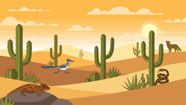 Desert landscape with roadrunner lizard snake coyote and saguaro cacti under a cloudy sunset