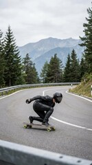 Obraz premium Skateboarder in Black Outfit Riding on Mountain Road with Trees