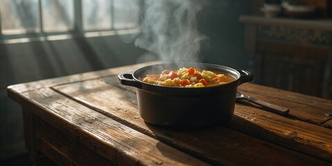 Iron pot cabbage soup, highlighting rustic food preparation and flavor development