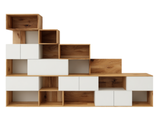 Combination Media Console with Open Shelves and Closed Cabinets in Asymmetrical Layout, Top-Down View, Transparent Background