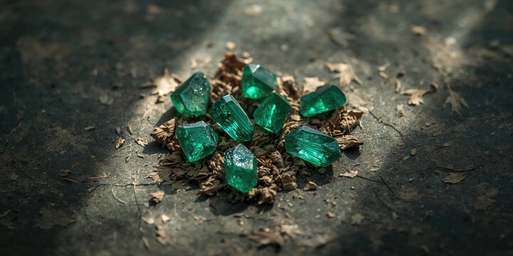 Raw emeralds used in gemstone jewelry displayed on dried leaves background, natural gemstone preservation practices