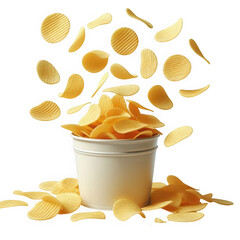 Delicious Potato Chips Falling from White Bucket on Transparent Background