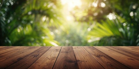 Tropical forest scene with blurred green leaves and warm bokeh light, used as a backdrop for design templates or promotional displays