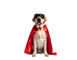 Confident Labrador Superhero with Flowing Red Cape, Front-Facing Hero Pose, isolated on transparent background