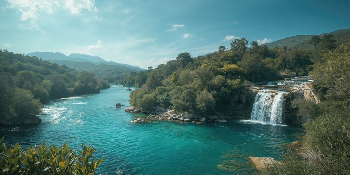 Island scenery with flowing river and waterfalls, highlighting erosion processes and natural landscape features