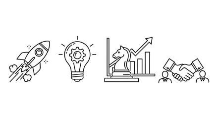 Business development icons showing startup launch idea strategy growth and successful partnership agreement completion