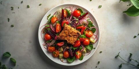 Overhead shot of a nutritious salad featuring cherry tomatoes, beetroot, spinach, lettuce, and fermented soy tempeh, highlighting plant-based protein
