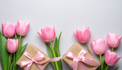 Obraz premium Feiertagsstimmung Pinke Tulpen und Geschenke auf grauem Hintergrund