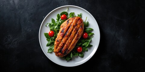 Cooked chicken with leafy greens and fresh tomatoes on a dark surface, suitable for balanced diet planning, World Nutrition Day