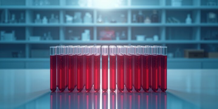 Blood sample tubes arranged on a laboratory grid, focusing on diagnostic testing and sample organization