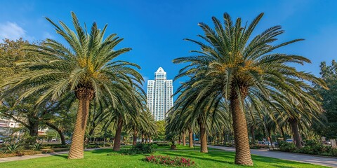 Fototapeta premium Exotic trees in a tropical garden setting, serving as a background for urban ecology study, Earth Day