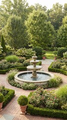 Obraz premium Elegant Garden with Fountain Surrounded by Lush Greenery and Flowers