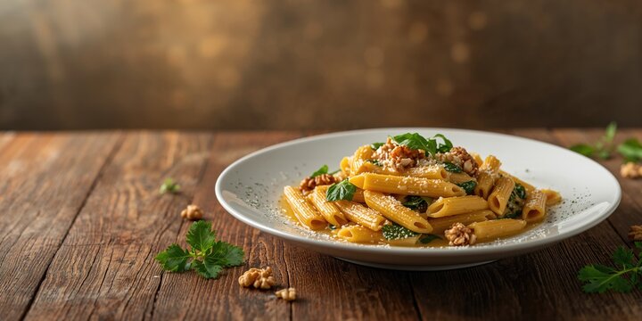 Whole wheat penne pasta topped with cheese, spinach, and walnuts, suitable for a nutritious diet