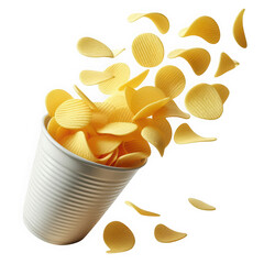 Delicious potato chips spilling out of a metal bucket on transparent background