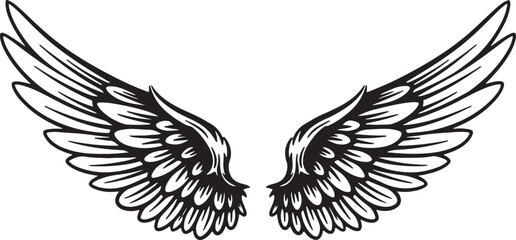 Obraz premium Detailed black silhouette of a pair of feathered wings spread open on a white background representing freedom and divinity also transparent background
