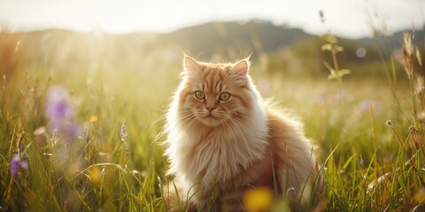 Close-up of a red feline resting on vibrant grass, outdoor leisure and animal comfort