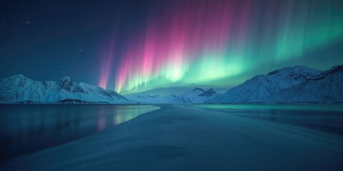 Snow-covered mountain peaks and sandy shore under Aurora Borealis, highlighting natural phenomena