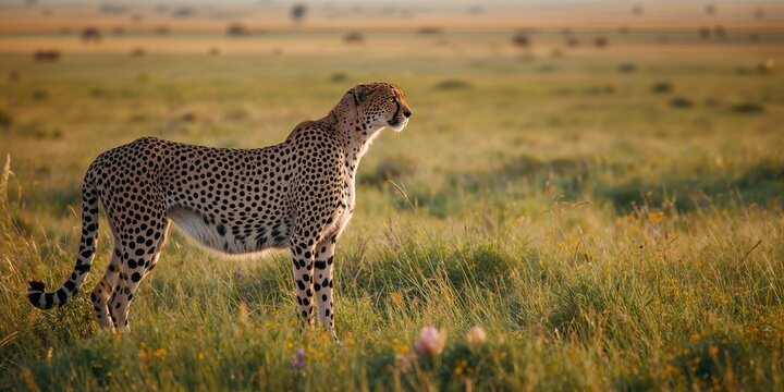 Large feline tracking herd movement, focusing on natural predation behavior, biodiversity preservation
