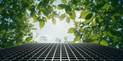 Metal grating overgrown with green leaves, serving as a durable outdoor walkway support structure