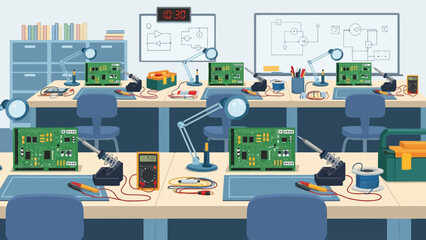 Electronics workbench with circuit boards soldering irons and multimeters