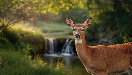 Fototapeta premium Adult female white-tailed deer amidst dense greenery with a small waterfall, highlighting natural forest ecosystems