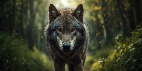 Gray wolf maintaining intense gaze during a natural setting, highlighting animal vigilance and predation