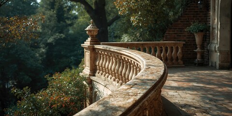 Obraz premium Old-fashioned patio featuring a stone balustrade serving as a garden boundary, highlighting historic design