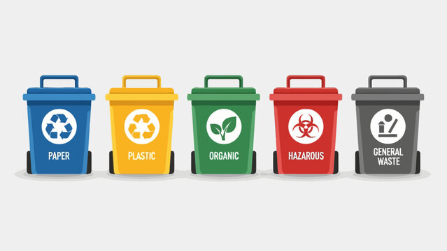 Five recycling bins labeled paper plastic organic hazardous and general waste