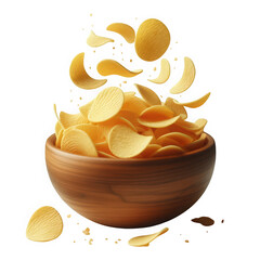 Delicious potato chips overflowing from wooden bowl on transparent background