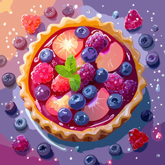 Colorful mixed berry fruit tart with glaze topping and mint leaf garnish for delicious pastry menu - Vector Illustration © powdesign