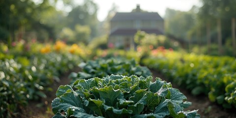 Morning garden scene with kale plants and a garden house, natural growth and seasonal change