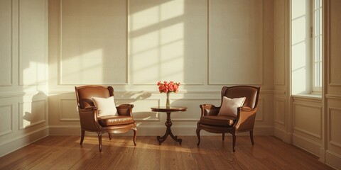 Vintage chairs placed inside a room serving as a UI backdrop, classic furniture style