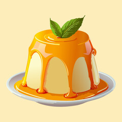 Soft flan cake with caramel sauce topping and mint leaf garnish on a simple pastel background - Vector Illustration © powdesign