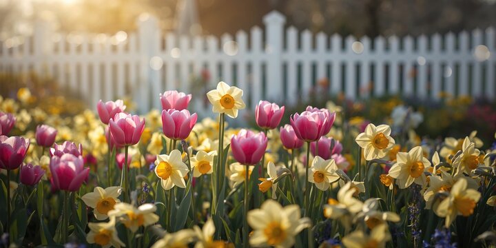 Colorful tulips and daffodils near a white fence in Maine, highlighting early spring flowering for local horticulture